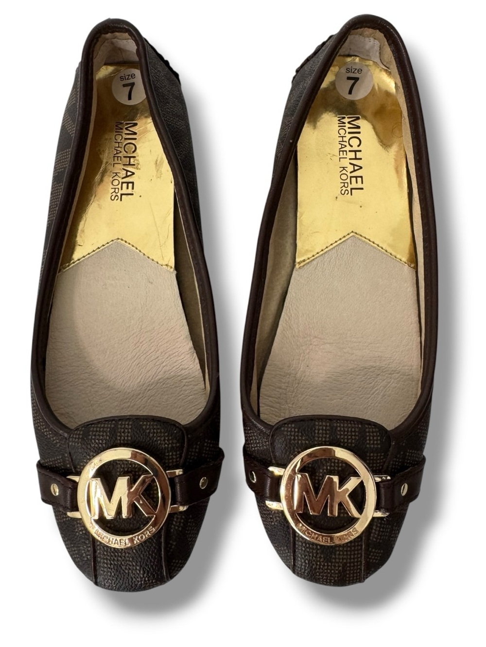 Michael Kors Fulton Moccasin Flats Women’s Size 7 Brown MK Signature Gold Logo